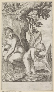 Venus kijkt naar Amor die een boog maakt