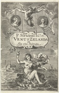 Venus op schelp met brandend hart en pijl drijft voor kust van Zeeland, daarboven twee medaillons met portretten van Cloës en Blondae en cartouche met titel vastgehouden door Amor