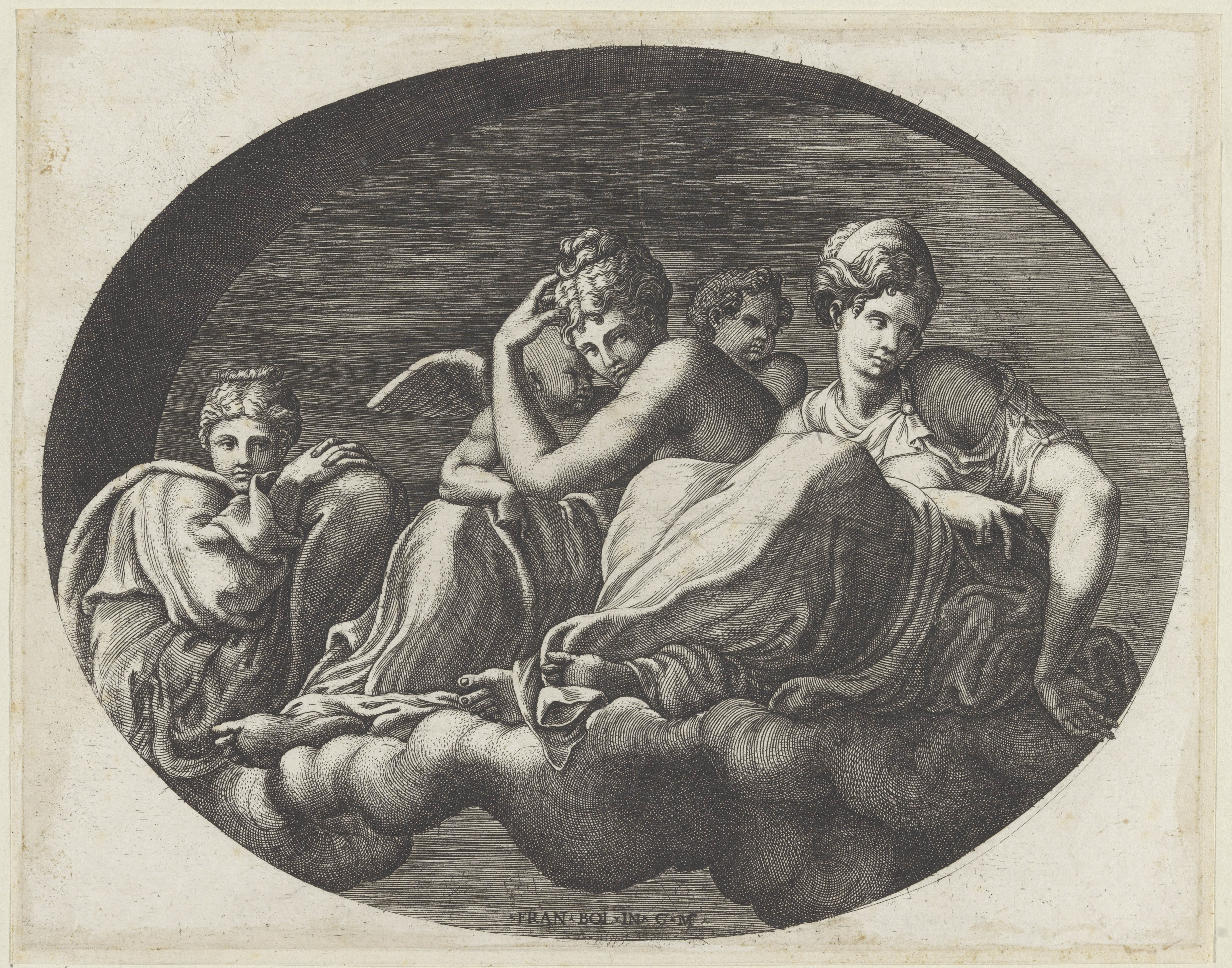 Venus, twee godinnen en twee putti by Giorgio Ghisi