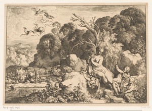 Venus zittend op een rots, vergezeld door drie putti
