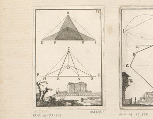Verhoging van een driehoek met onderaan een gezicht op een paleis