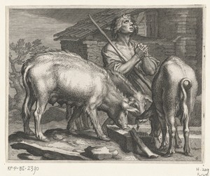 Verloren zoon als varkenshoeder met varkens bij trog