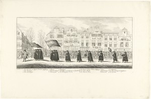 Vertegenwoordigers van de land- en zeemacht en verschillende landstreken in de lijkstoet van Anna van Hannover te Delft, 1759