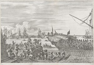 Vertrek van een galeischip in de haven van Livorno