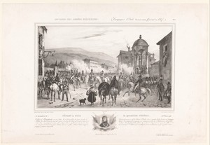 Vertrek van het Franse militaire hoofdkwartier uit Nice en portret van Napoleon Bonaparte