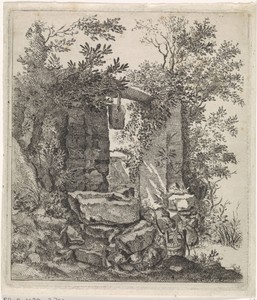Vervallen stenen poort in een landschap