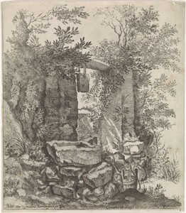 Vervallen stenen poort in een landschap