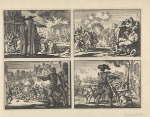 Vervolging van protestanten te Krakau met op de voorgrond twee Jezuïeten, 1606 / Vervolging van de hervormden in de Nederlanden, 1574 /  Straatgevechten in Genève ter verdediging tegen een aanval van Karel Emanuel, hertog van Savoye, 1602 / Inname van Den Briel, 1572