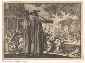 Vervolging van protestanten te Krakau met op de voorgrond twee Jezuïeten, 1606