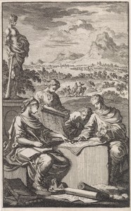 Vier figuren bestuderen een landkaart