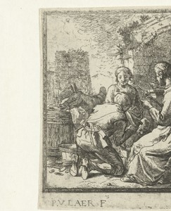 Vier figuren bij een vervallen gebouw
