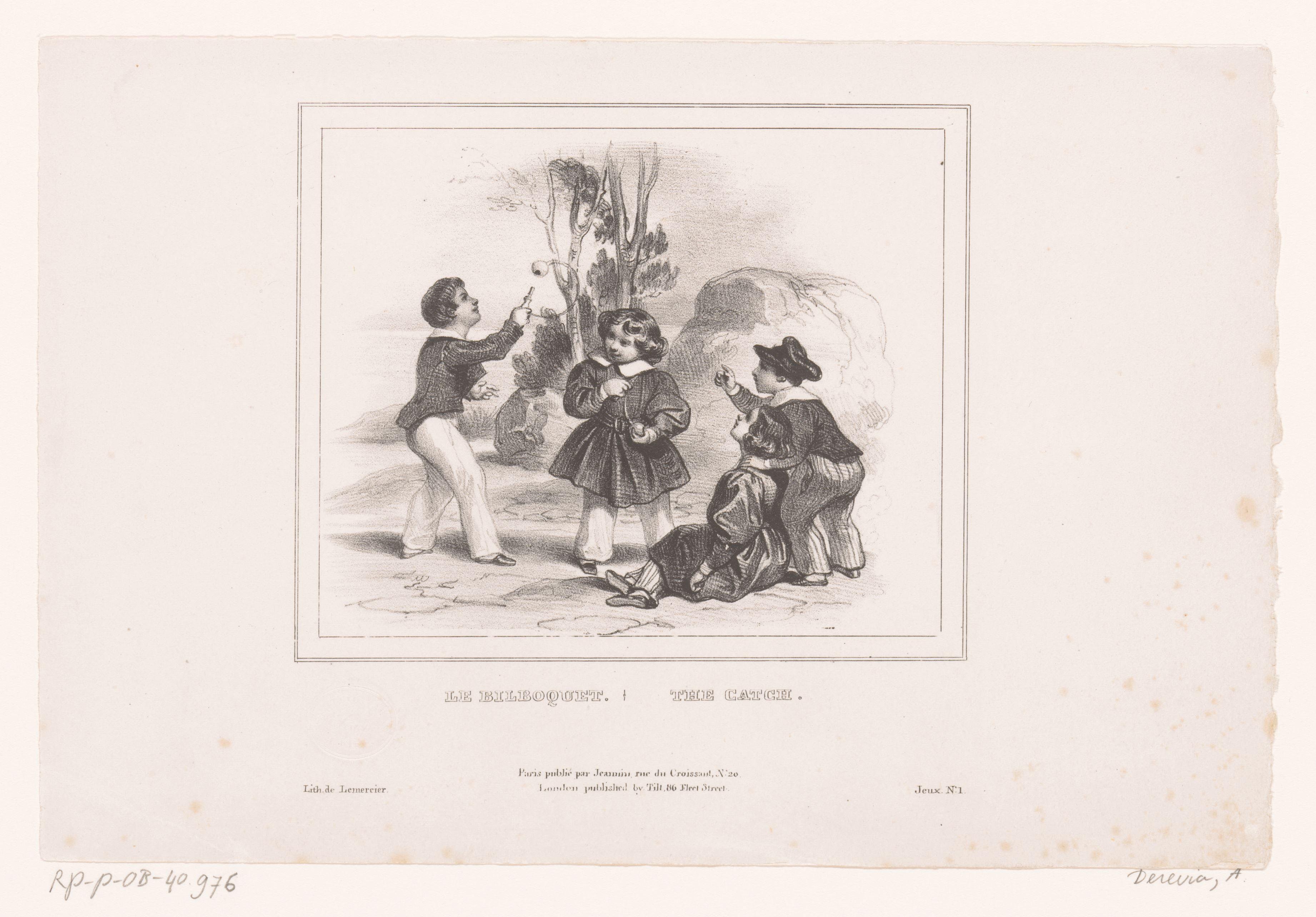 Vier kinderen spelen met een bilboquet by Achille Devéria