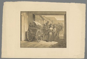 Vier mannen bij een geladen wagen met paarden