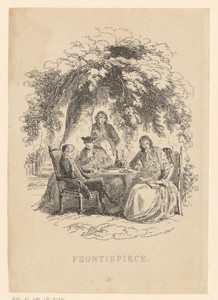 Vier mannen en een vrouw zitten en staan rondom een tafel onder een boom