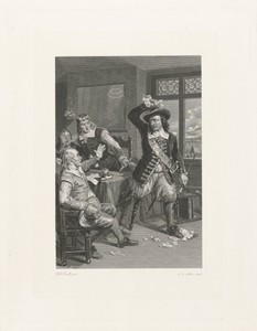 Vier mannen in 17e eeuws kostuum rond een tafel