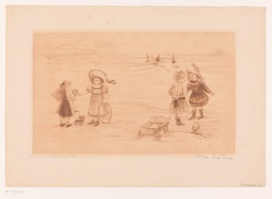 Vier meisjes met speelgoed aan het strand