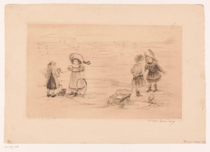 Vier meisjes met speelgoed aan het strand