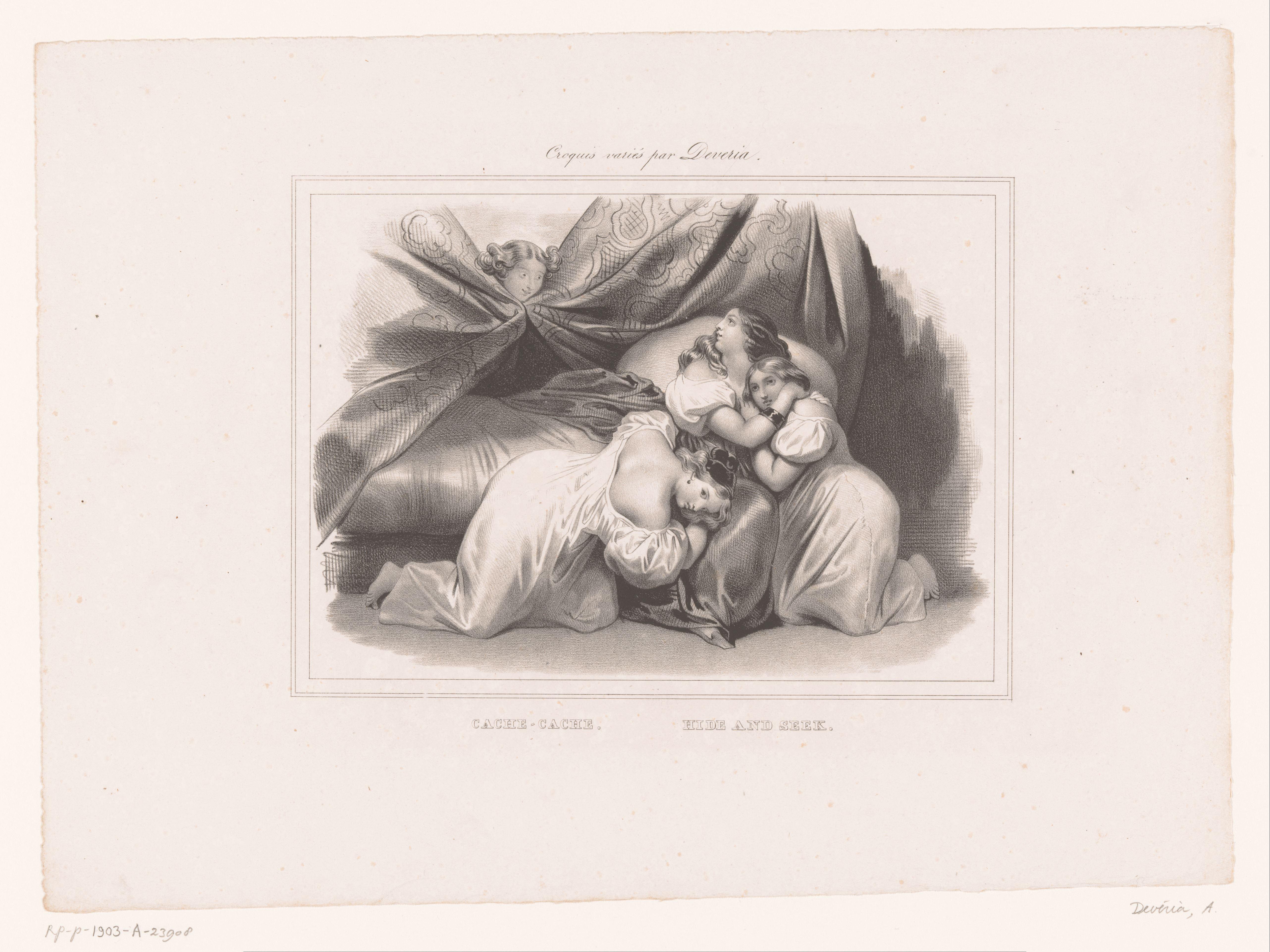 Vier meisjes spelen verstoppertje by Achille Devéria