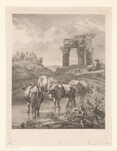Vier ossen in een beek, in de achtergrond een herder voor een ruïne