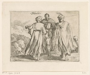 Vier Polen, een landschap in de achtergrond