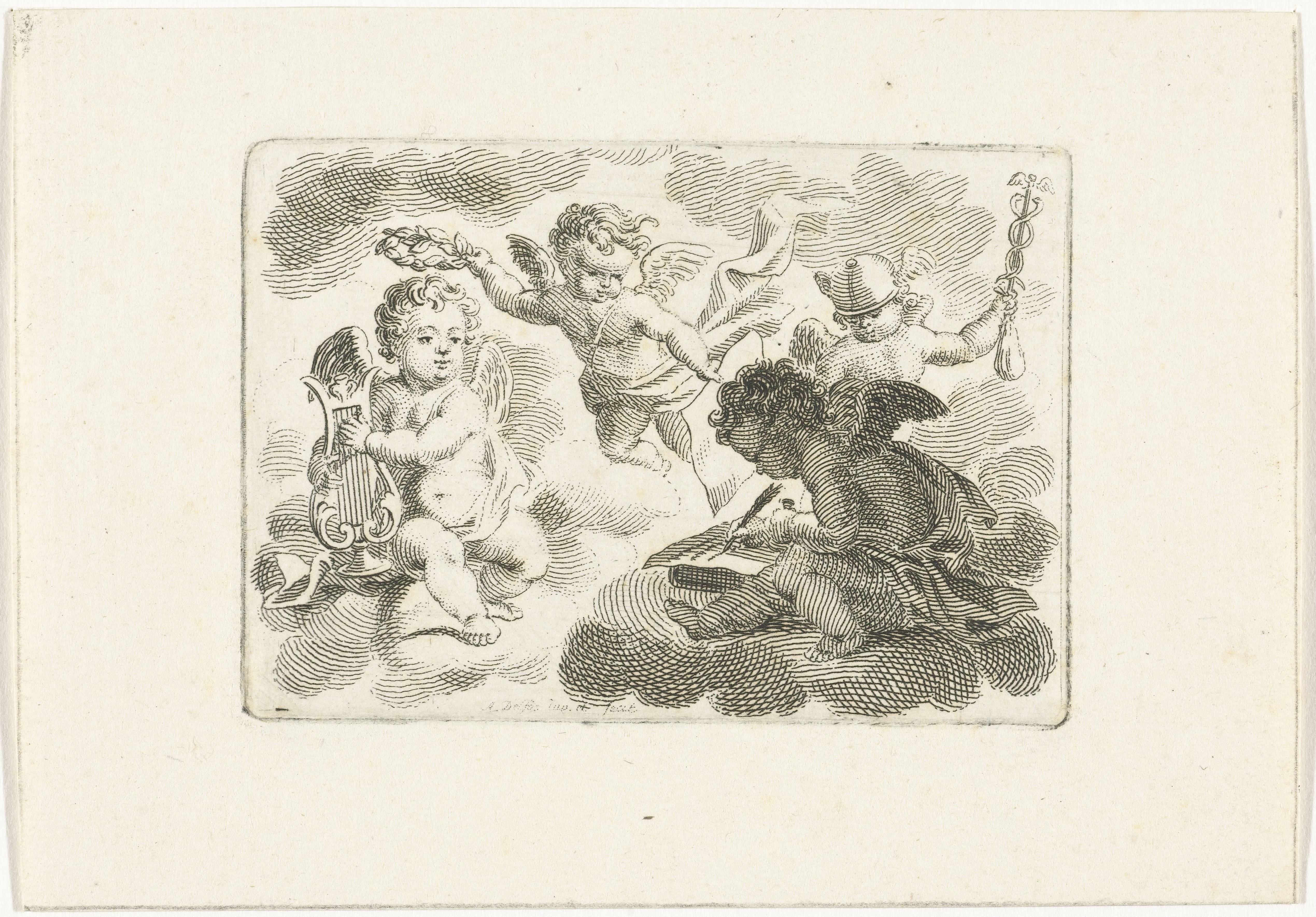 Vier putti als personificaties van kunsten en wetenschappen by Abraham Delfos