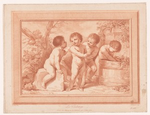 Vier putti bij een wijnton