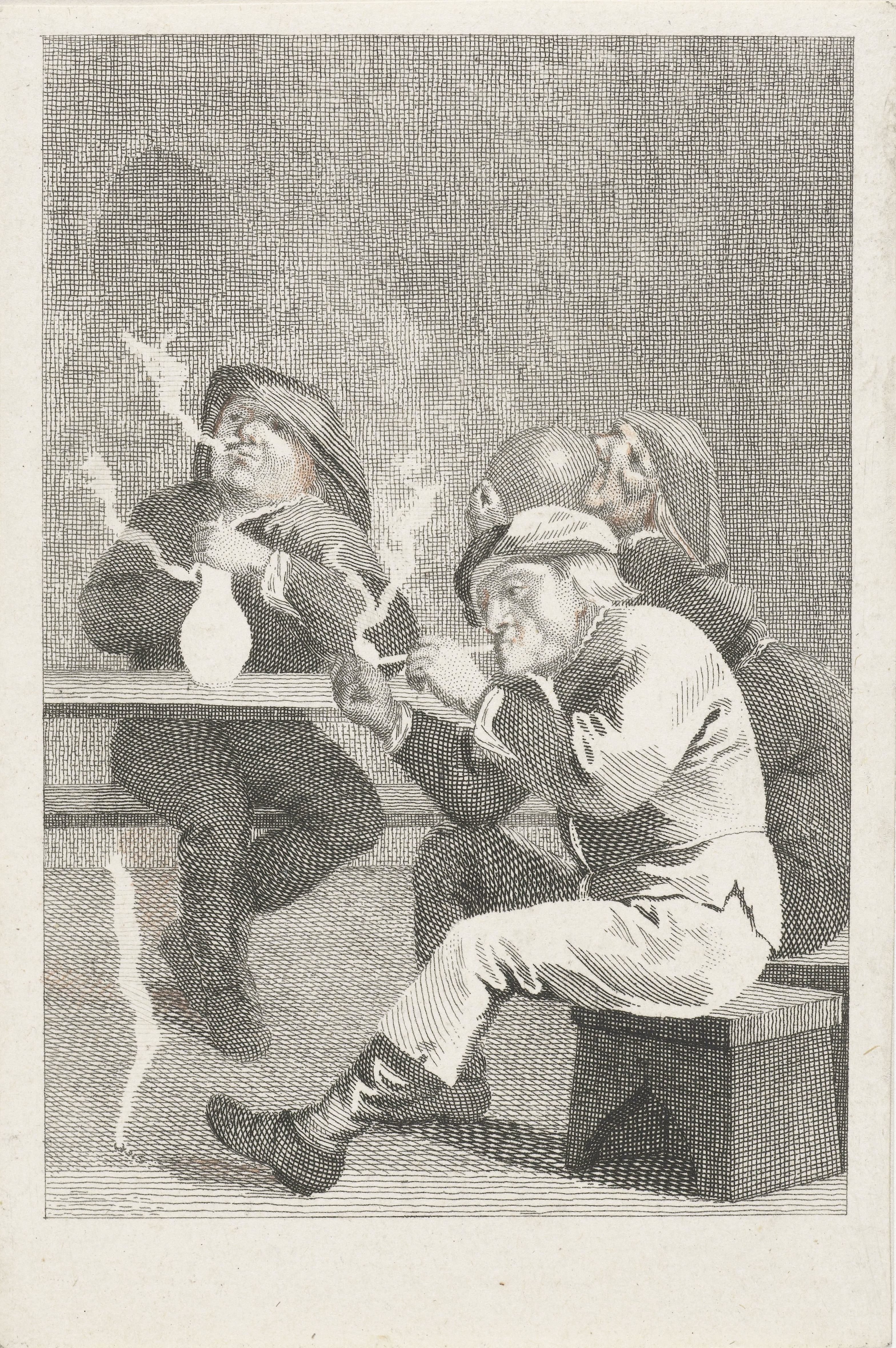Vier rokende en drinkende mannen aan een tafel by Abraham Delfos