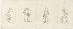 Vier voorstellingen van een staand figuur met kind