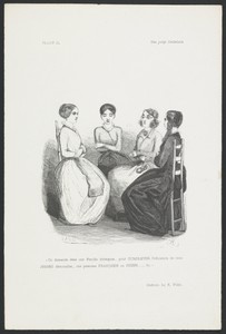 Vier vrouwen bespreken de keuze tussen een Zwitserse en een Franse gouvernante voor drie meisjes uit een voorname familie