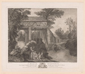 Vier vrouwen en drie mannen bij een watermolen