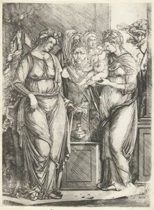 Vier vrouwen offeren jongen bij beeld van Priapus