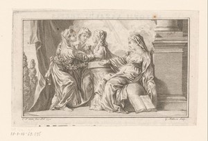 Vier vrouwen rond een zuil met kelk, appel en een boek