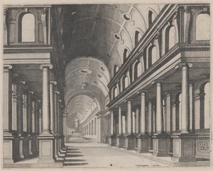 View into a Church with Ionic Columns and a Choir with a Statue