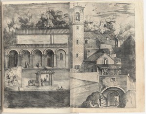 View of the Quadrant: the Main Door, the Square, the Church and the Loggia of the Monastery of the Monte della Vernia (Prospettiva dell'ingresso della prima porta, con la Piazza, Chiesa, & Loggie del Monastero del Monte della Vernia, come sta quest'Anno MDCXII) [plate D]
