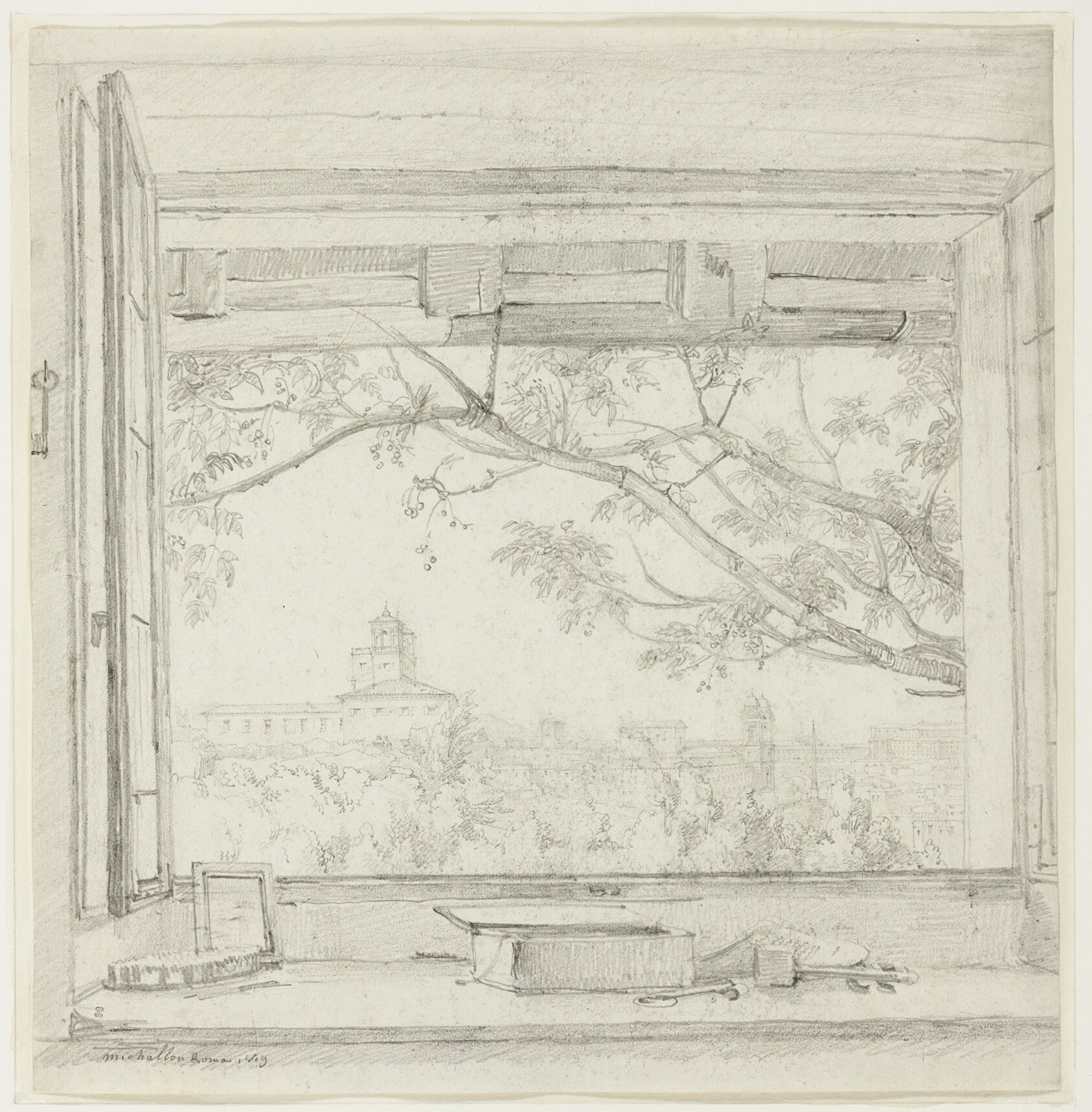 View of the Villa Medici and Sta Trinità dei Monti from Ingres's Studio in the Pavillon San Gaetano, Rome by Achille Etna Michallon