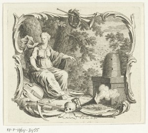 Vignet met allegorie met symbolen van overvloed en vergankelijkheid