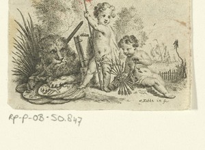 Vignet met de Nederlandse leeuw en twee putti