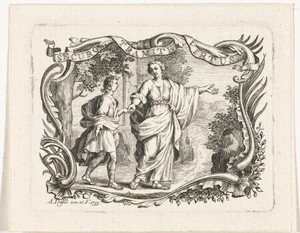 Vignet met deugd die weg leidt voor jongeman, in cartouche
