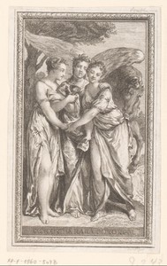 Vignet met drie allegorische vrouwelijke figuren en Pegasus
