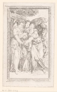 Vignet met drie allegorische vrouwelijke figuren en Pegasus