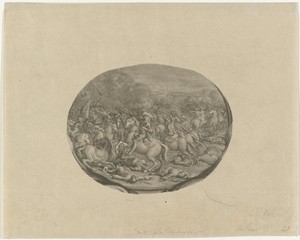 Vignet met een afbeelding van de slag bij Kalisch (29-10-1706), afkomstig uit het portret van Frederik Augustus II, hertog van Saksen en koning van Polen