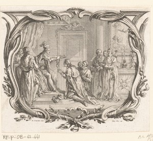 Vignet met een ridder die de keten van de Saint-Esprit ontvangt