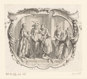 Vignet met een ridder die een eed aflegt op de bijbel vastgehouden door Henry de Bourbon