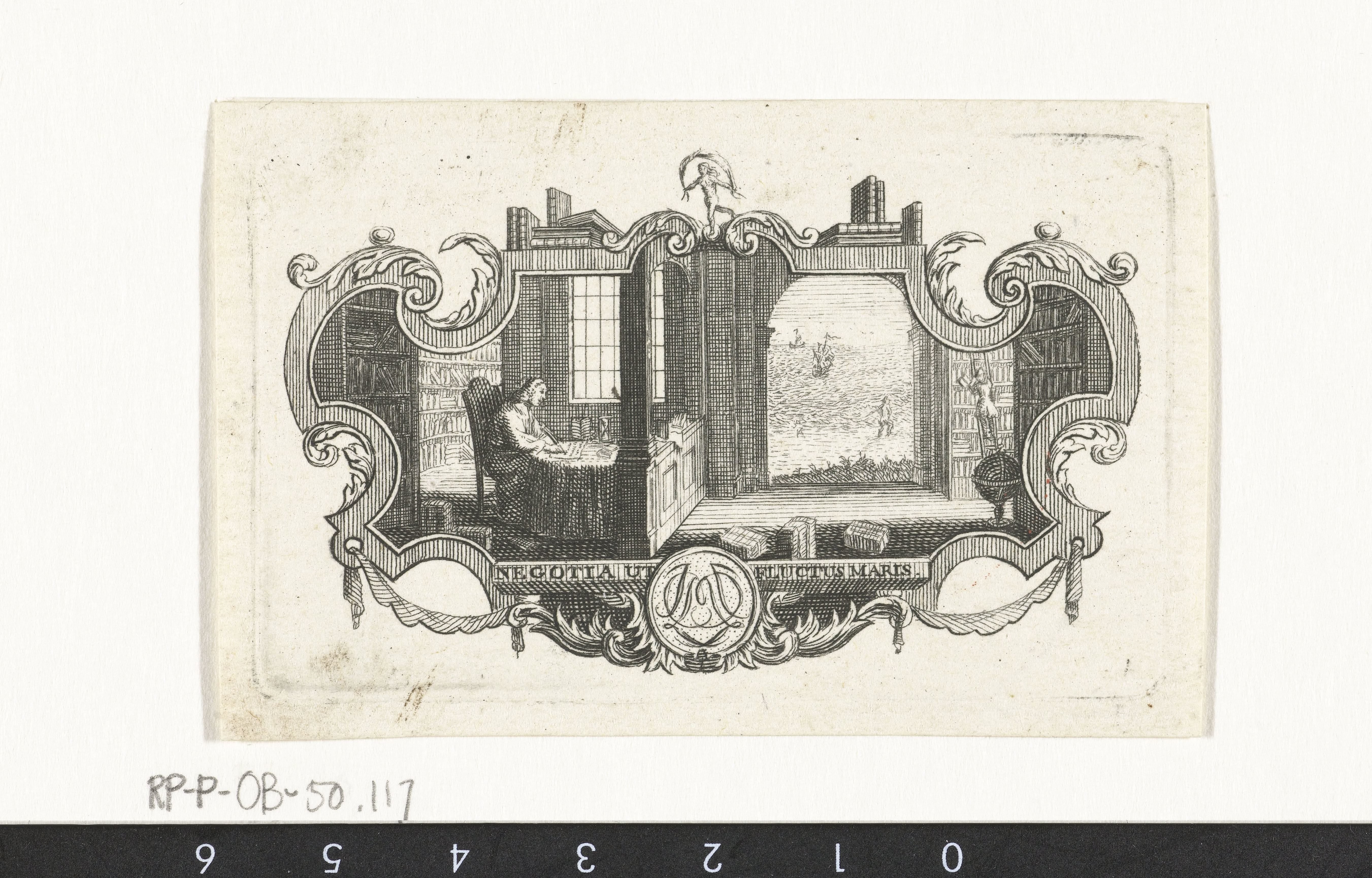 Vignet met geleerde in bibliotheek in cartouche by Abraham Delfos