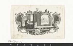Vignet met geleerde in bibliotheek in cartouche