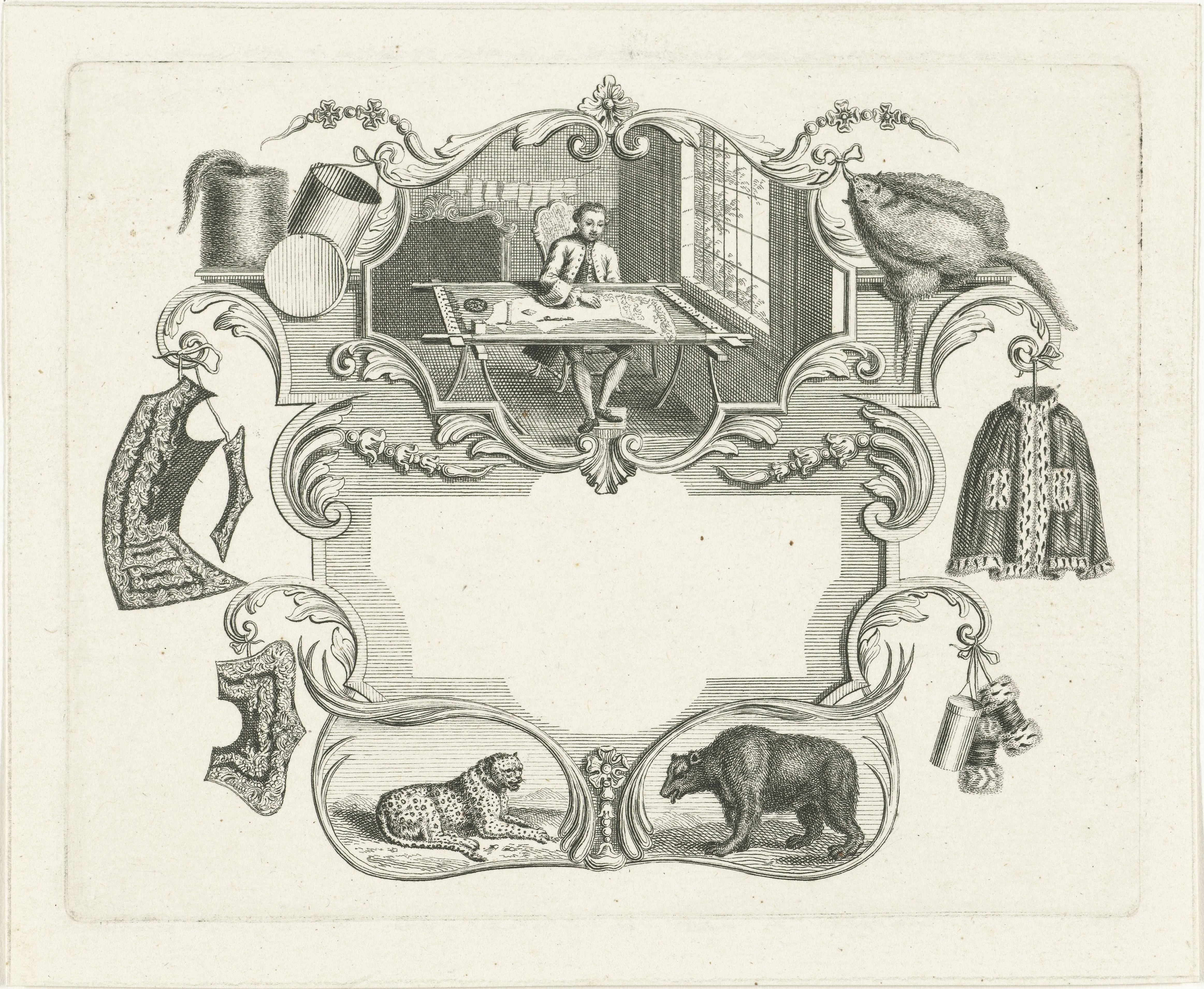 Vignet met kleermaker in cartouche by Abraham Delfos