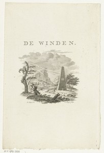 Vignet met landschap en figuren die gebukt gaan onder wind