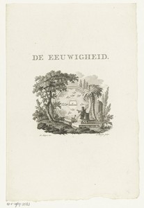 Vignet met landschap en figuur die knielt voor visioen van Hemelse Jeruzalem