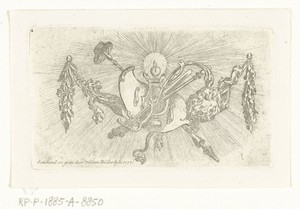 Vignet met lier, brandend hart, schild, vrijheidshoed en zon