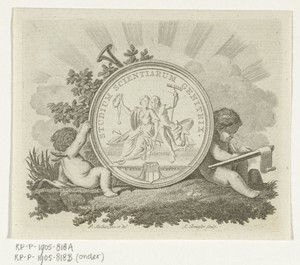Vignet met medaille met Rechtvaardigheid en Toezicht en inscriptie Studium scientiarum genitrix